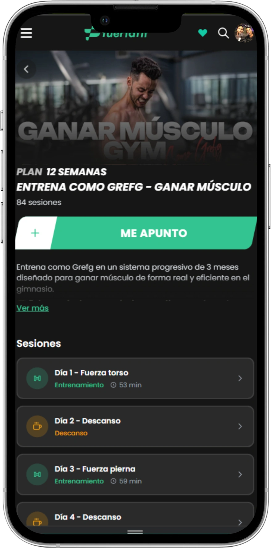 Plan Entrena como Grefg — Ganar músculo en la app de Fuertafit