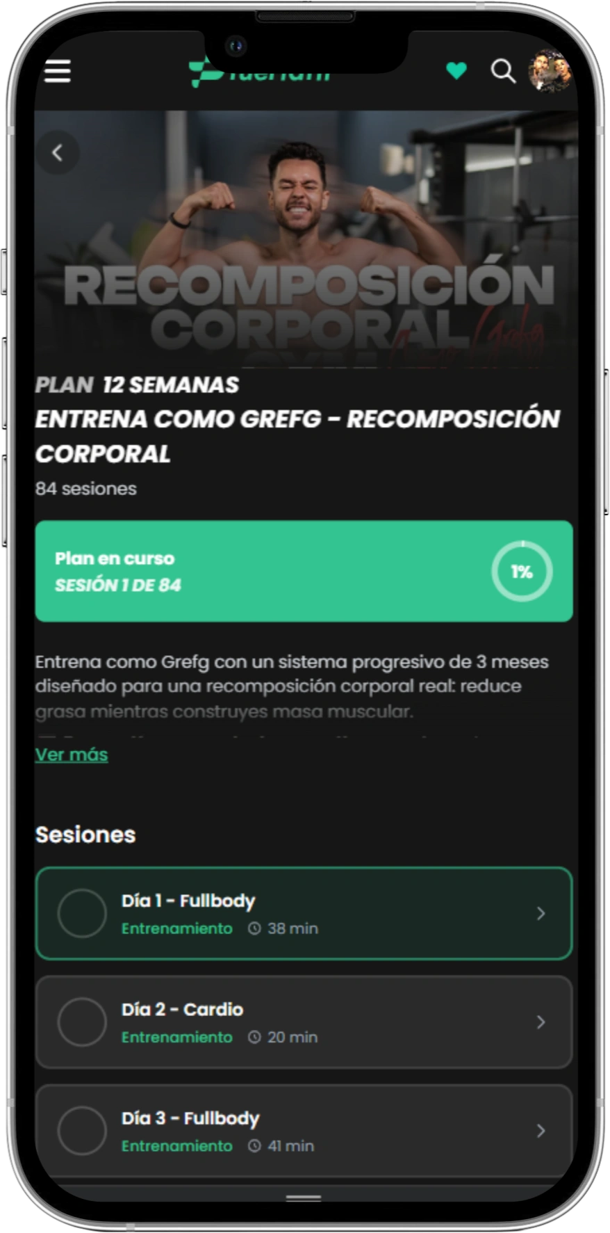 Plan Entrena como Grefg — Recomposición corporal en la app de Fuertafit